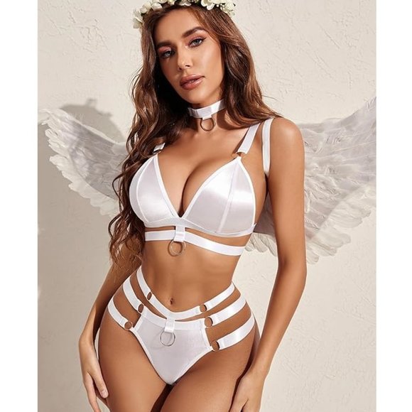 White O-Ring Linked Cut Out Choker Bra and Panty Set Bondage Lingerie 3 Pieces - Picture 4 of 4